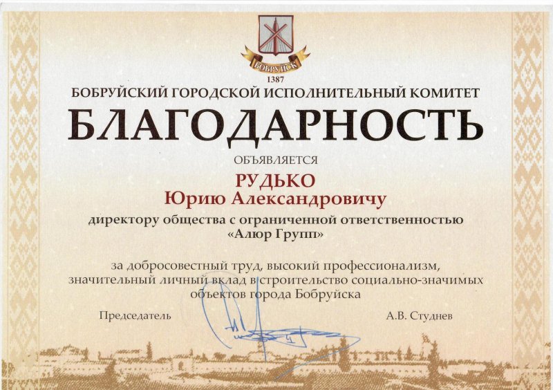 Благодарность за вклад в строительство социально-значимых объектов города Бобруйска