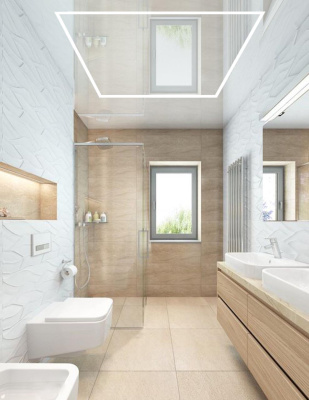 Зеркальный глянцевый потолок с мягкой LED подсветкой для ванной комнаты