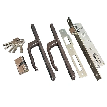 Замок калиточный с ручкой на планке (тех.упак.) Коричневый алюминий (AL)+ЦАМ Arni