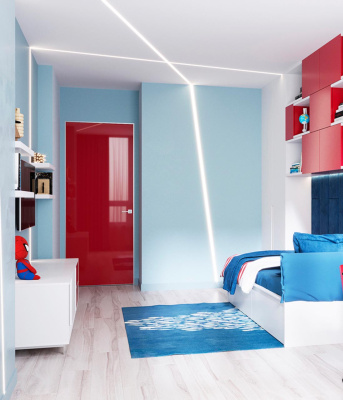 Матовый потолок с пересекающимися световыми линиями для детской комнаты