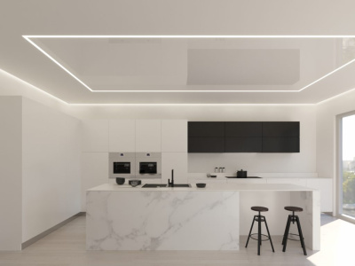 Парящий натяжной потолок со световыми линиями на кухне