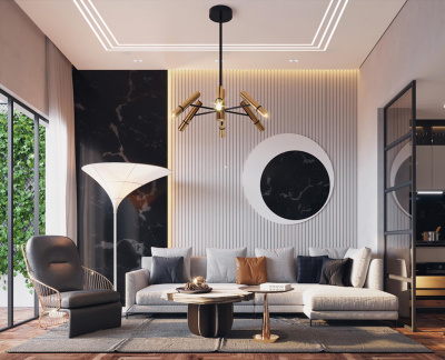 Белый потолок с эффектом парения и световыми линиями в комнате для отдыха