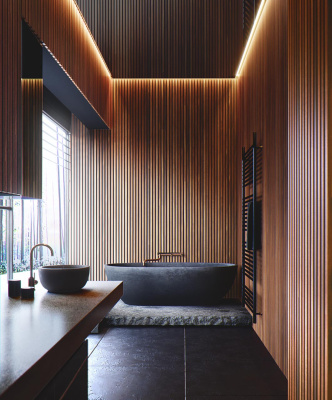 Парящий чёрный глянцевый потолок в ванной комнате