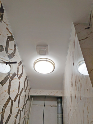 Белый матовый потолок в санузле с вытяжкой