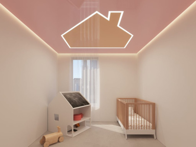 Парящий натяжной потолок розового цвета в детской комнате Парящий натяжной потолок розового цвета в детской комнате