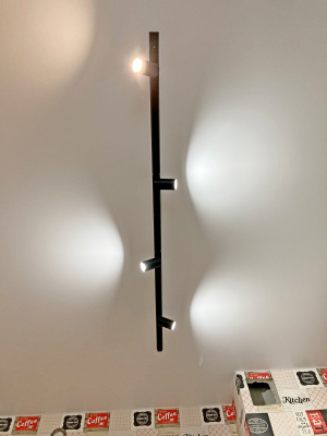 Матовый потолок с трековым освещением из черных спотов и шинопровода