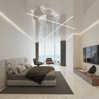 Парящий натяжной потолок со световыми линиями в спальной комнате