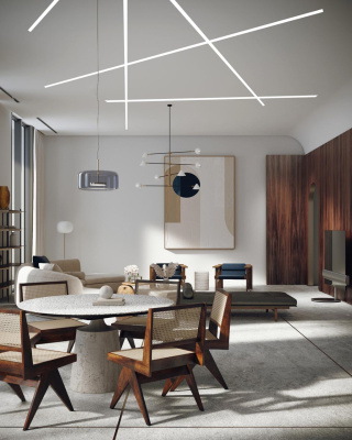 Матовый натяжной потолок со световыми пересекающимися линиями в гостиной Матовый натяжной потолок со световыми пересекающимися линиями в гостиной